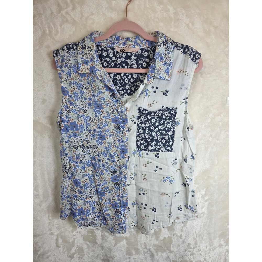 SO Mixed Floral‎ Patchwork Sleeveless Button Down Blouse Blue White Large